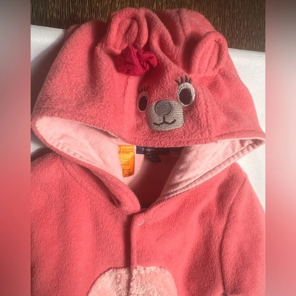 Pumpkin Patch Baby Girl Pink Bear Hooded Fleece 6-12M Footed Bodysuit